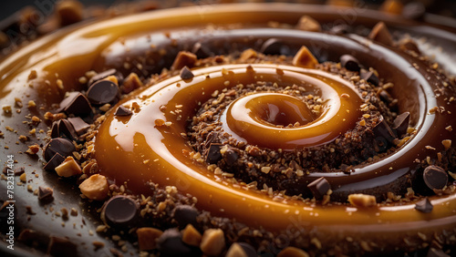 restaurant food background: A close-up of a caramel and chocolate swirl adorned with mini chocolate chips and delectable nuts. Illustration Generative ai