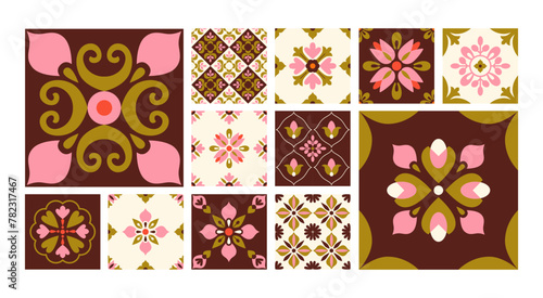 Abstract retro geometric floral blocks and tiles. Squares. Patchwork, mosaic. Background, backdrop.