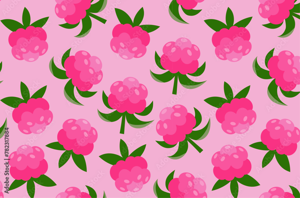 Raspberries pattern on pink background. Fresh summer berries backdrop. Design for kitchen wallpaper, textile, food packaging.	
