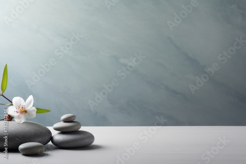 Stacked pebble stones and flowers on light background. Copy space