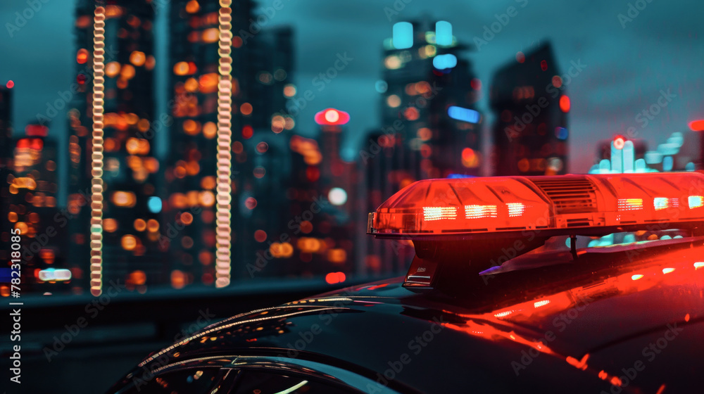 Police strobe lights close-up, evening city street in the background Police strobe lights close-up, evening city street in the background