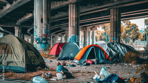 Camp of homeless people under the bridge