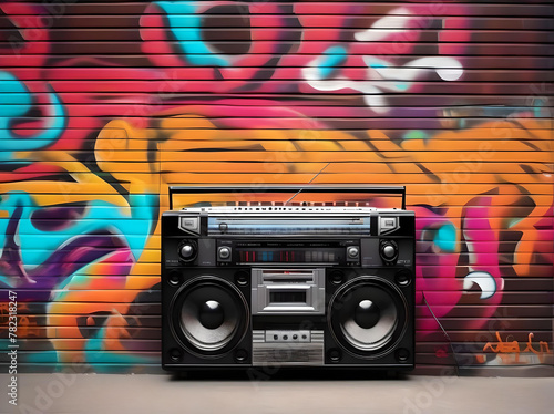 Boombox radio cassette tape recorder in front of graffiti wall art
