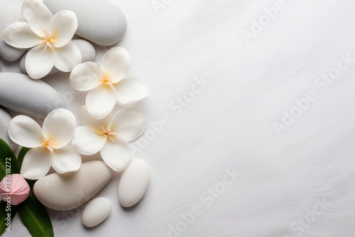 Smooth stones  fresh flowers  and green leaves on a white marble background. Copy space  spa concept