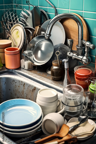 A kitchen sink full of dirty dishes and a green mug. The sink is overflowing with plates, cups, and bowls. Scene is chaotic and messy