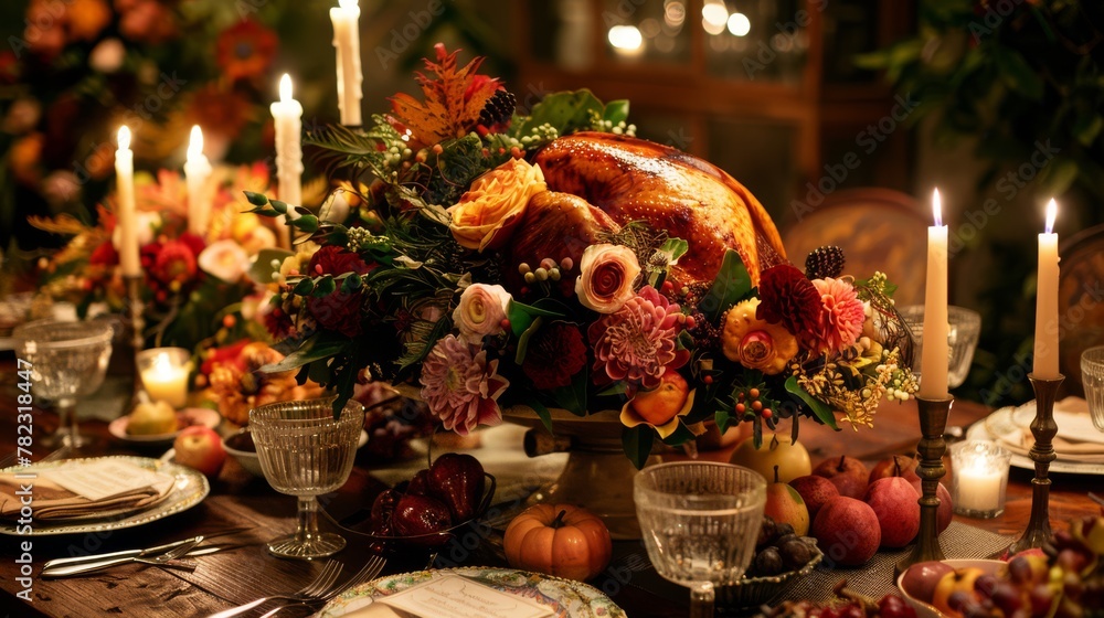 Opulent thanksgiving family festive dinner table with roasted turkey and floral decor, perfect for holiday themes.