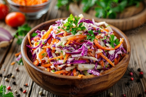 Fresh coleslaw on rustic wooden background