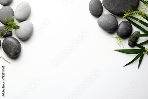 Spa composition, top view. Pebbles, green leaf. Copy space