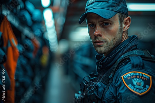 A man in military uniform, with an electric blue cap, stands in a dark room © Vladimir