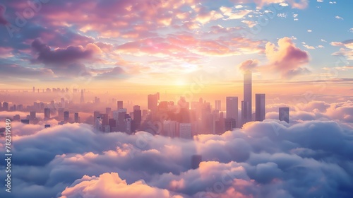Amazing view of a big city from above the clouds at sunset. #782319049
