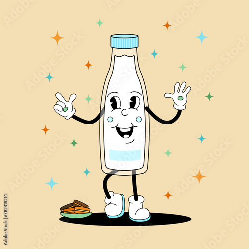 Comic flat Milk Bottle with face on decorated background. Vector cartoon illustration in groovy retro style with milk drink. Vintage image of cute dairy character with smile for poster or concept