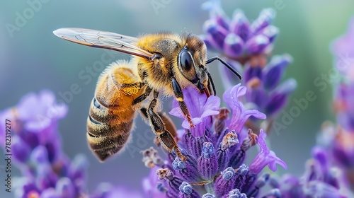 A bee pollinating a lavender flower. The bee is covered in yellow and black fur, and the lavender flower is purple. © Creative