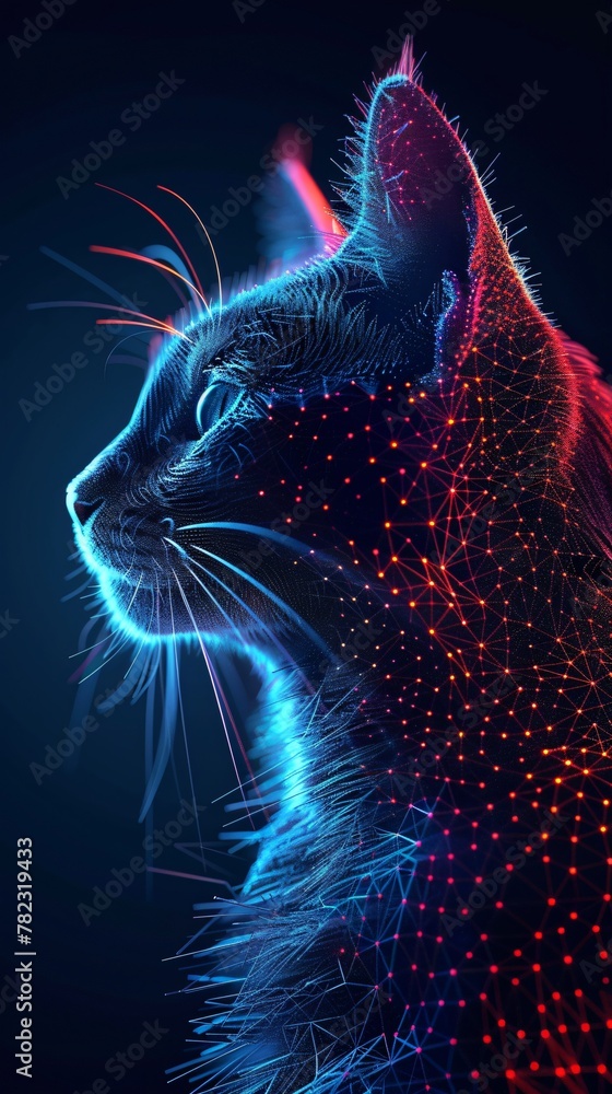 A low polygon cat illuminated by neon blue visualizes the blend of traditional themes with cutting edge tech design