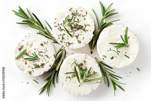 Fresh rosemary goat cheese on white top view