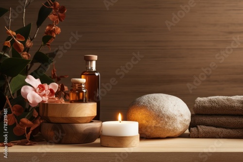 Spa composition with soft towels, candle and a beautiful flower