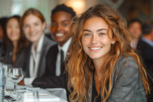 A vibrant young woman with tousled hair smiling confidently at a professional networking event or meeting