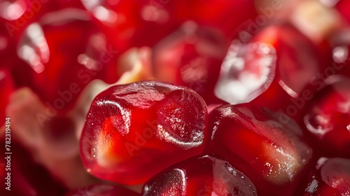 Close-up image of juicy red pomegranate seeds. The glistening arils are plump and bursting with flavor. photo