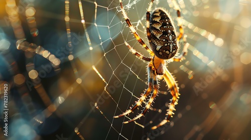A close-up of a spider on its web with a beautiful bokeh background. photo