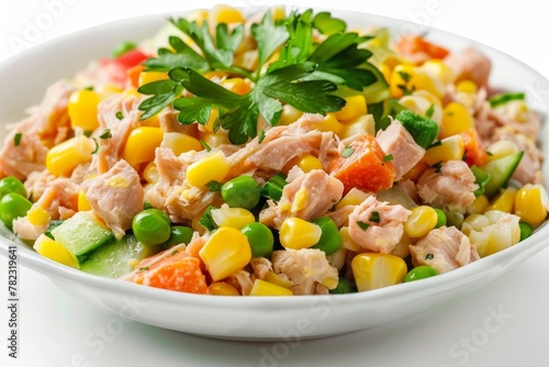 Fresh tuna salad with corn carrot and pea on a white background Mexican corn salad