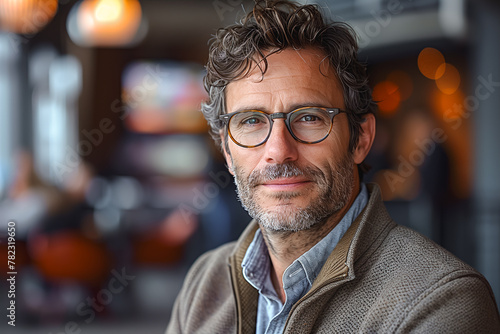 Mature, distinguished man with stylish curly hair posing in a restaurant setting with a soft, thoughtful expression