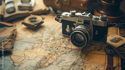 A vintage camera sits on top of a detailed world map. The camera is old and has a brown leather strap. photo