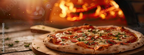 a freshly baked pizza resting on a wooden board, set against the backdrop of a oven fire in a restaurant interior adorned with beige tones, emphasizing high detail.