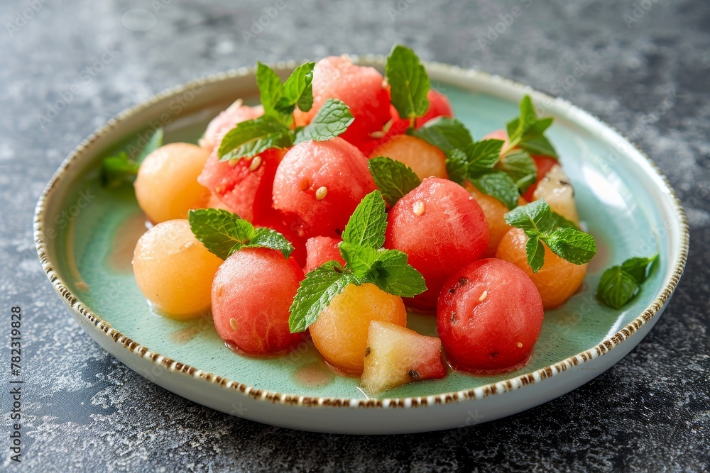 Fresh watermelon and melon balls in fruit salad with mint