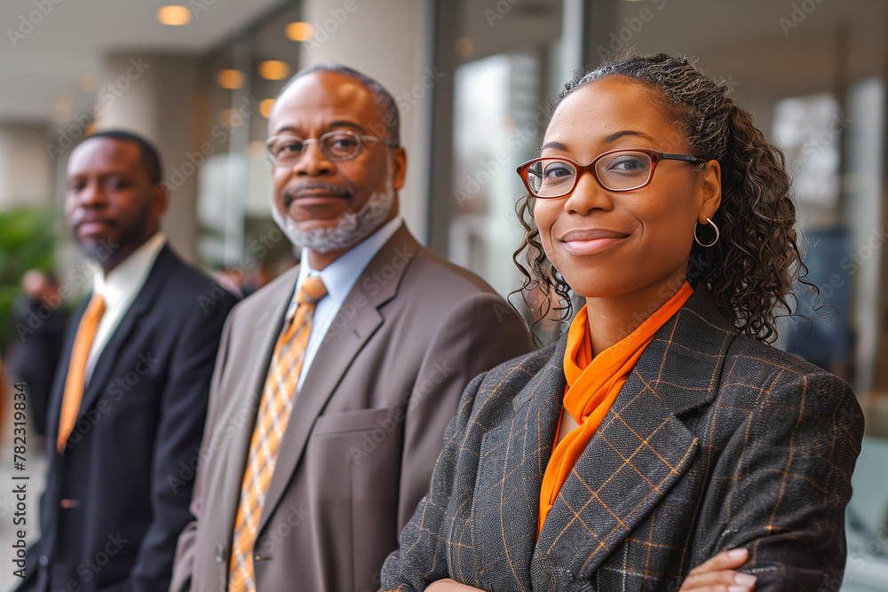 Three confident business individuals standing together, with focus on the woman in front wearing glasses Three confident business individuals standing together, with focus on the woman in front wearing glasses