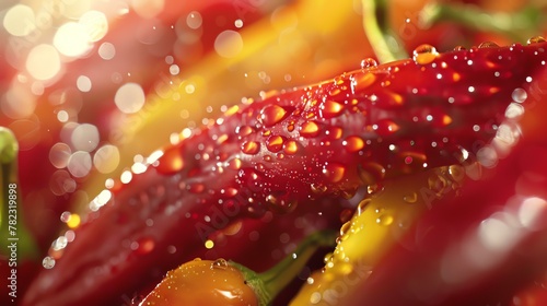 Red and yellow chili peppers with water drops.
