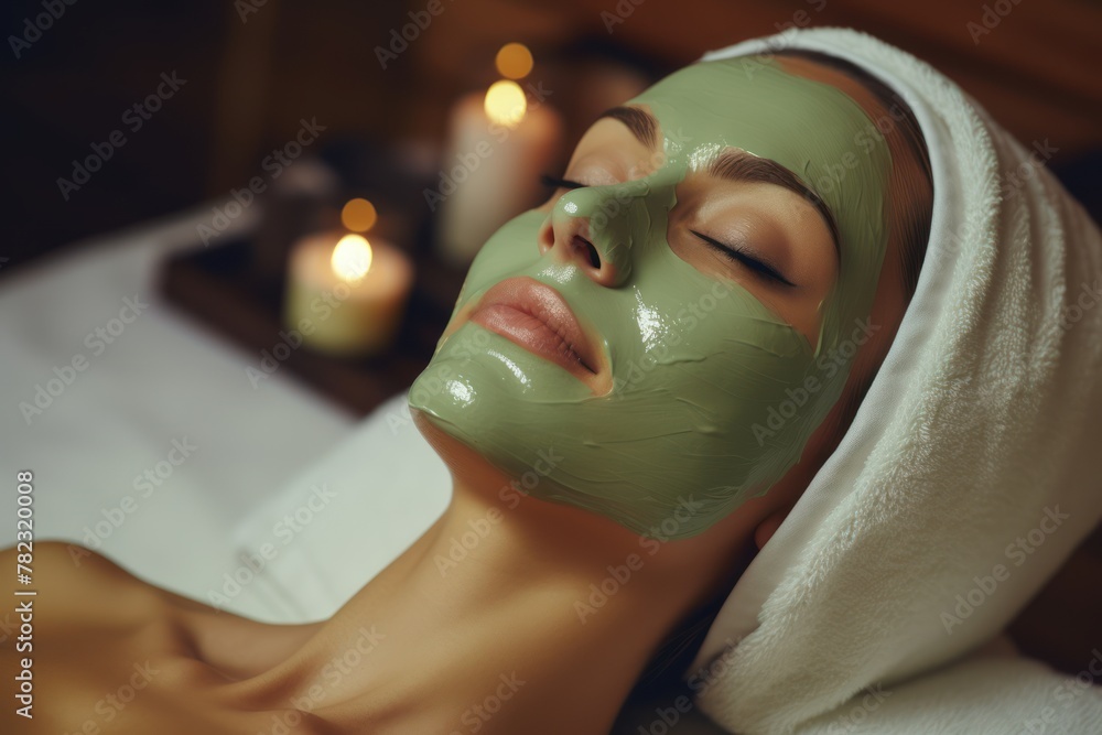Woman with green facial clay mask at spa Woman with green facial clay mask at spa