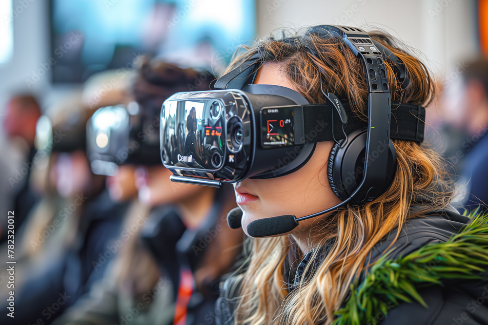 An individual fully immersed in a virtual reality simulation at a busy tech event, pointing towards future tech trends An individual fully immersed in a virtual reality simulation at a busy tech event, pointing towards future tech trends