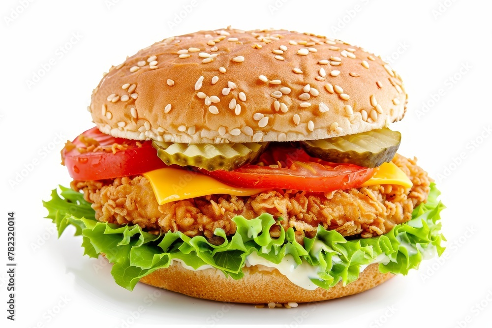 Fried chicken burger with cheese and toppings on white background Fried chicken burger with cheese and toppings on white background
