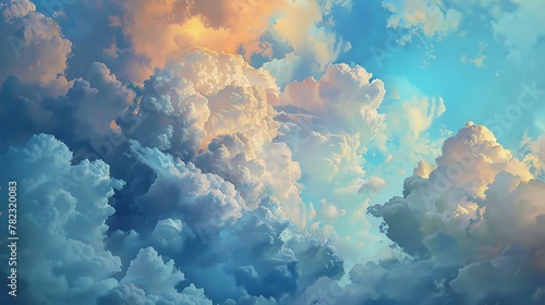 A beautiful cloudscape with a variety of colors and textures. The clouds are white, gray, and blue, and they are lit by the sun.