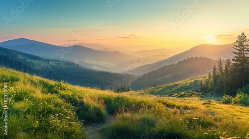 Mountain valley during sunrise. Natural summer.