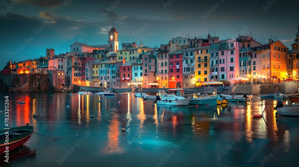 The magical landscape of the harbor with ships and colorful houses in the background