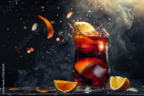 Exciting moment of lemon slice splashing into a glass of cola with a dynamic liquid splash against a dark background. Dynamic Splash in Cola Glass with Lemon Slice