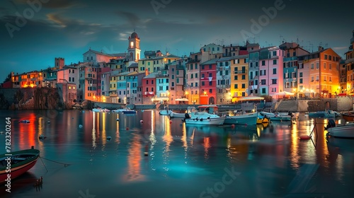 The magical landscape of the harbor with ships and colorful houses in the background