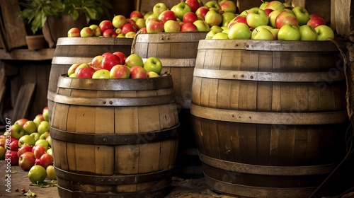 Fresh apple juice in wooden barrel