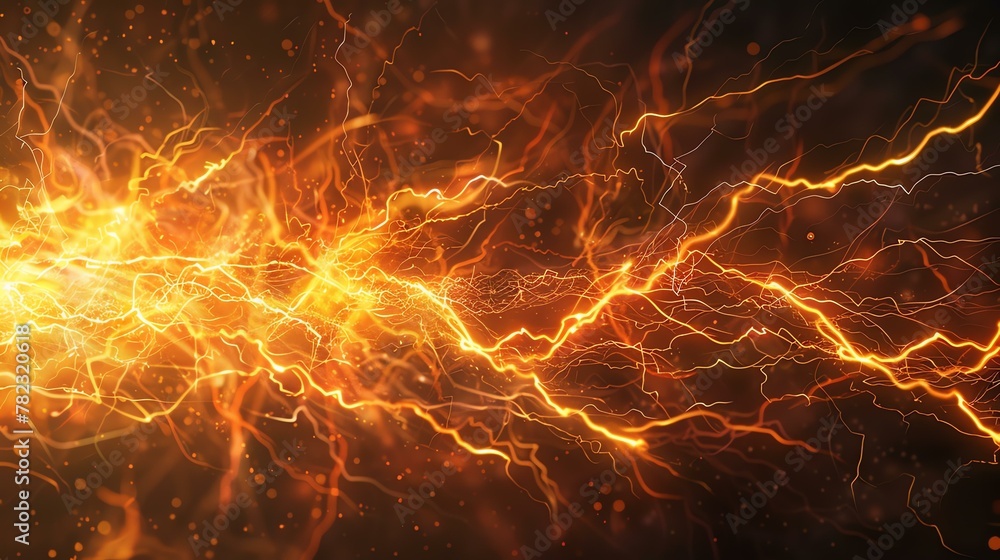 Abstract orange lightning strikes on black background. Electric lightnings. Power and energy concept.