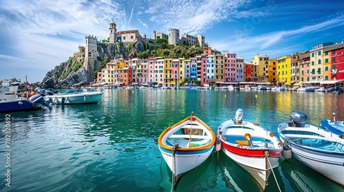 The magical landscape of the harbor with ships and colorful houses in the background photo