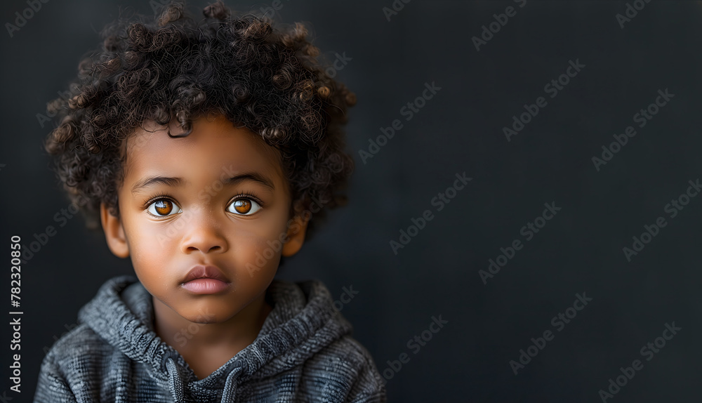 Serious black toddler with curly hair on dark background Serious black toddler with curly hair on dark background