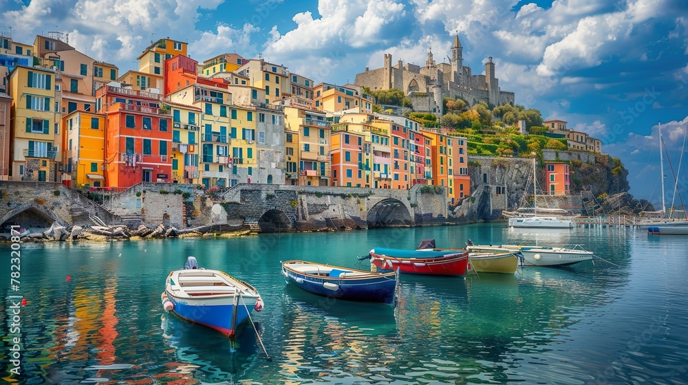 The magical landscape of the harbor with ships and colorful houses in the background