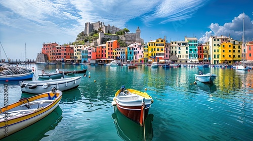 The magical landscape of the harbor with ships and colorful houses in the background photo