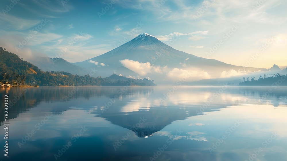 Volcanic Mountain in morning light reflects infront of a sea Volcanic Mountain in morning light reflects infront of a sea