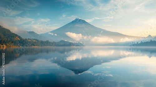 Volcanic Mountain in morning light reflects infront of a sea photo