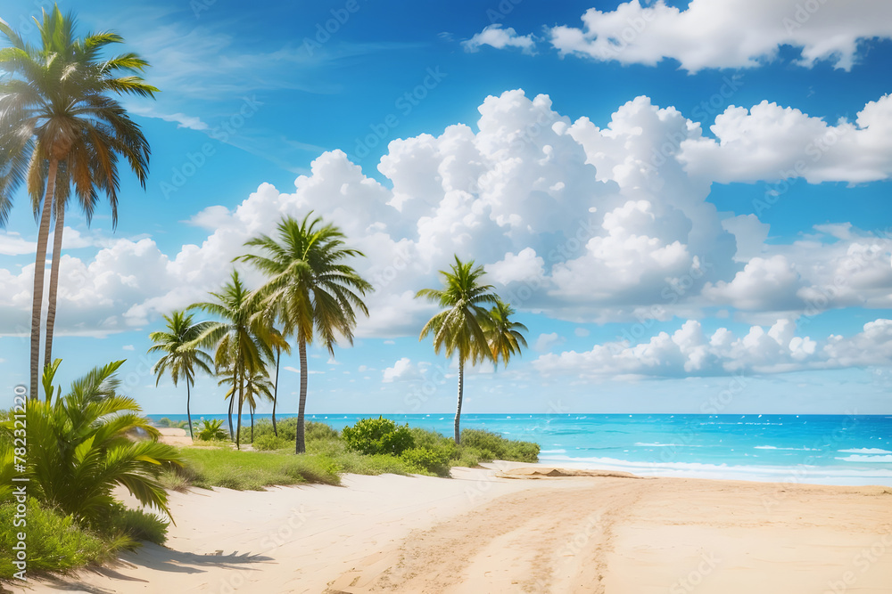 Palm trees on a sandy beach with blue ocean and cloudy blue skies design. Idyllic panoramic view for spring break design and summer vacation background design.