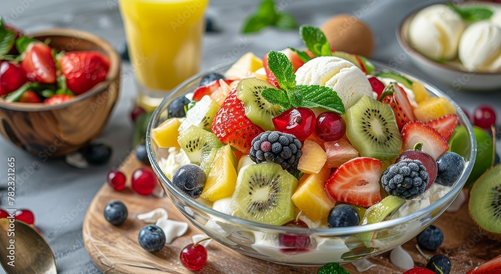 Fruit salad with ice cream on green table Fruit salad with ice cream on green table
