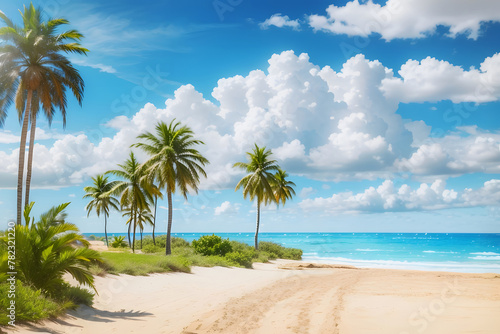 Palm trees on a sandy beach with blue ocean and cloudy blue skies design. Idyllic panoramic view for spring break design and summer vacation background design. © Mahmud