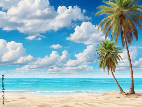 Palm trees on a sandy beach with blue ocean and cloudy blue skies design. Idyllic panoramic view for spring break design and summer vacation background design. © Mahmud