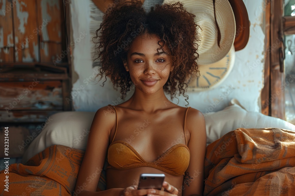 a woman in underwear is sitting on a couch holding a cell phone - obrazy, fototapety, plakaty 